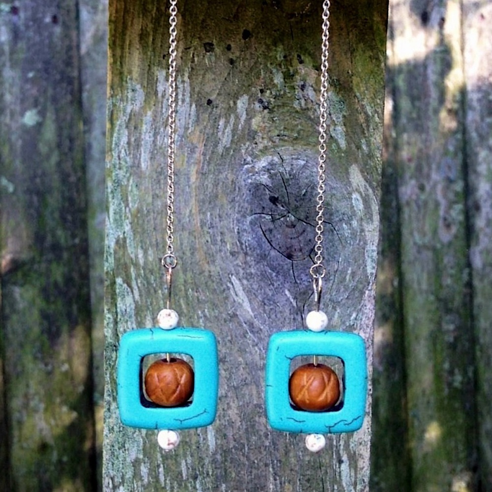 Tic Tac Toe Threaders • Turquoise Howlite & Wood Bead Ear Threaders